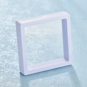 White square PE film floating jewelry display box for necklaces and small bracelets.