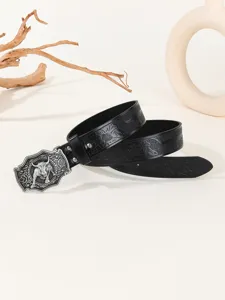 Classic western style men's black leather belt featuring an intricate bull metal buckle.