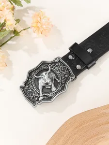 Men retro western cow leather belt with detailed metal bull head buckle and floral carved strap.