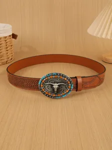 Western bull head men's embossed PU leather belt, retro punk style metal buckle detail.