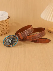 Western style men belt with bull head buckle, embossed PU leather strap with turquoise details.