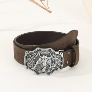 Men Vintage Bull Head PU Leather Belt Retro Metal Buckle Casual Fashion Waistband For Daily Wear Men Accessories