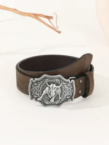 Close up of mens retro brown leather belt featuring intricate bull head metal buckle detail.