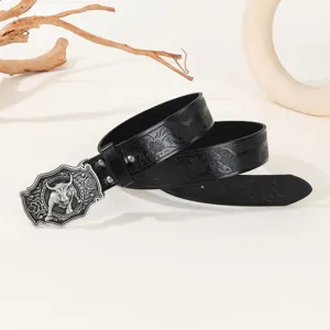 Men western vintage embossed cowhide leather belt with detailed bull head metal buckle.