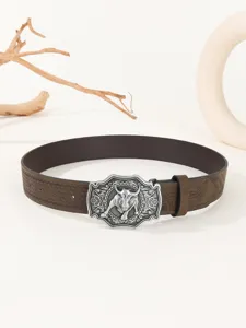 Retro men's brown leather belt with unique bull head metal buckle, ethnic style waist accessory.