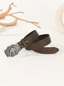Detailed view of brown men's belt featuring a vintage silver bull head buckle and embossed strap.