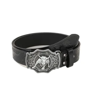 Men's Western Retro Embossed Cowhide Leather Belt with Bull Head Metal Plate Buckle Fashion