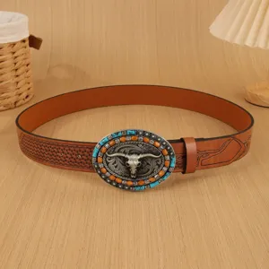 Men's vintage western cowboy embossed PU leather belt with bull skull buckle main view
