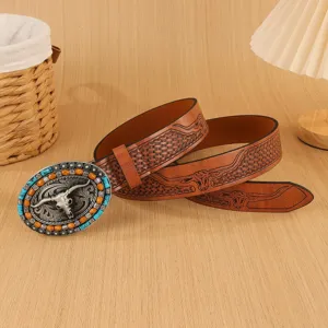 Retro Western bull skull buckle men PU leather embossed belt with turquoise beads.