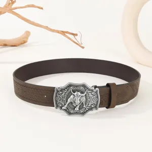 Men's retro brown leather belt featuring a distinctive silver bull head buckle for daily use.