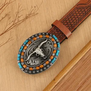Men's Western Retro PU Leather Belt with Large Longhorn Bull Skull Buckle and Turquoise Beads