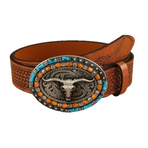 Men's Western Vintage PU Leather Belt Featuring Bull Skull Buckle and Turquoise Decor