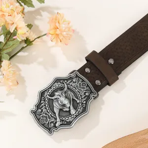Mens vintage bull head leather belt with ornate silver metal buckle for western style
