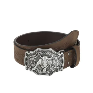 Men's retro brown leather belt with ornate silver bull head buckle, stylish western design.