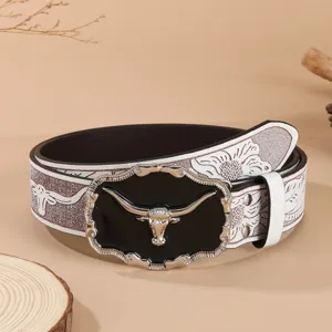 Retro Western style carved white leather belt with unique longhorn alloy buckle detail.