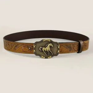Vintage western herenriem met antieke bronzen paardensluiting en PU lederen band.