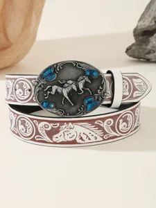 Western cowboy style men's belt featuring silver embossed leather and a vintage dual horse buckle.