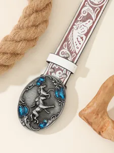 Western cowboy style men's belt with silver alloy horse buckle and embossed white leather strap.