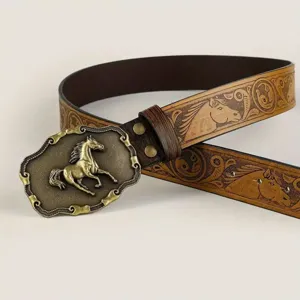 Retro western cowboy heren PU lederen riem met metalen paard gesp en in relief paard motief