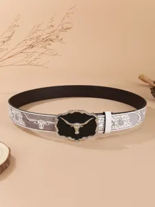 Vintage western cowboy leather belt with alloy longhorn buckle and floral embossed strap.