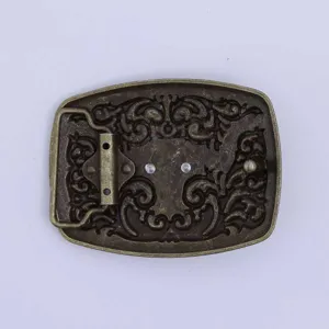 Vintage metal belt buckle back view, antique bronze bull head relief design accessory.