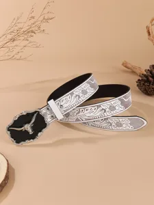 Vintage western cowboy leather belt with alloy bull head buckle and embossed floral strap.