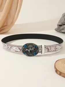Western cowboy style men's belt featuring embossed white strap and alloy horse buckle with blue stones.