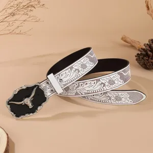 Vintage western cowboy leather belt with alloy bull head buckle and floral embossed strap.