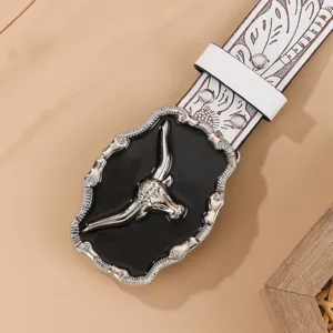Vintage Western Cowboy Bull Head Belt Alloy Carved Leather Waistband Trendy Unisex