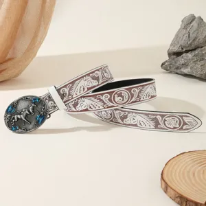 Western style men belt with engraved horse pattern and large silver alloy buckle.