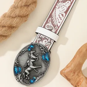 Western cowboy style silver embossed double horse alloy large buckle men's belt for fashion