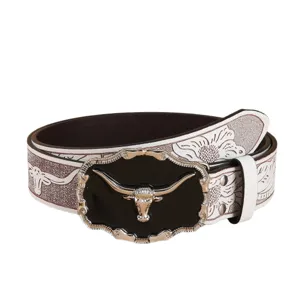 Vintage Western cowboy leather belt with alloy bull head buckle and floral carved design