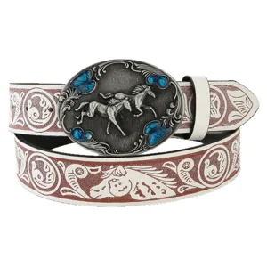 Western style men belt featuring silver embossed horse alloy buckle and patterned leather strap.