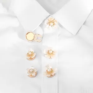 Elegant pearl rhinestone gardenia flower shirt buttons for women suit collar decorative pins.