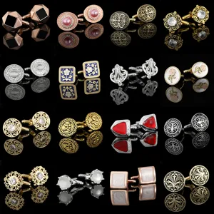 Boutons de Manchette en Cuivre Plaqués Or Argent Vintage Pour Hommes Femmes Géométrique Ajouré Strass Affaires Chemise Bijoux