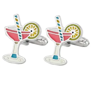 Detailed close-up of the colorful cocktail glass metal cufflinks showing fine enamel craftsmanship.