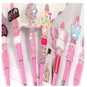 DIY beaded pens set pink rhinestone sparkly cute stationery gifts for students writing tools