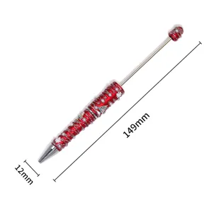 Christmas bead pen detail view showing red glitter body, pearls, and exact dimensions.