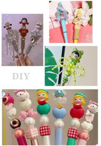 Bolígrafos de cuentas DIY con bonitos dijes de dibujos animados, cuentas de cristal y tinta fluida.