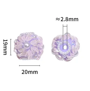 Purple acrylic floral loose bead detail, showing size dimensions 20mm and hole close-up.