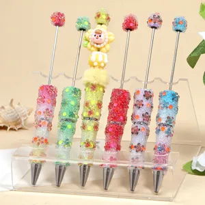 Handmade DIY Beaded Ballpoint Pen Gradient Glass Bubble Beads Rhinestone Flower Pen Cute Metal Stationery For School Office Gift