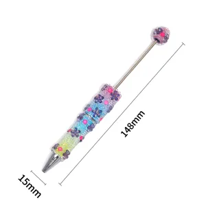 Gradient DIY beadable pen with bubble beads and flower charms, 148mm length for gifting.