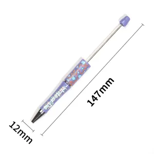 Boligrafo de cuentas DIY creativo con cuerpo estampado purpura y extension metalica para escribir.
