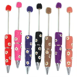Handmade beaded ballpoint pens with rhinestone daisy flowers set of seven colorful