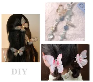 Close-up details of stunning 3D mesh butterfly hair clips and beaded DIY jewelry accessories.