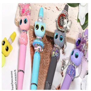 DIY beaded ballpoint pen set, cute rhinestone pearl owl design plastic rotating pens for writing.