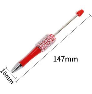 DIY beaded pen detail view, rhinestone and pearl decorated tool, 147mm length size.