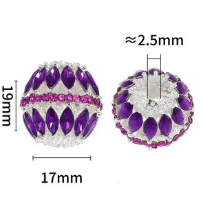 Close up detail of purple rhinestone hollow alloy bead jewelry DIY accessory clear size.