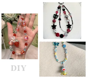 Handmade DIY beaded phone charm strap with cute cartoon pendants and colorful acrylic crystal beads.