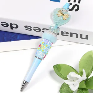 DIY decoratieve kraal balpen met blauwe hart strik pluche accenten schattige stationery